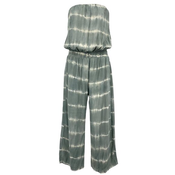 Ava Sky Women Strapless Jumpsuit Size Small S Tie-Dye Green Wide Leg Casual EUC - Picture 1 of 5